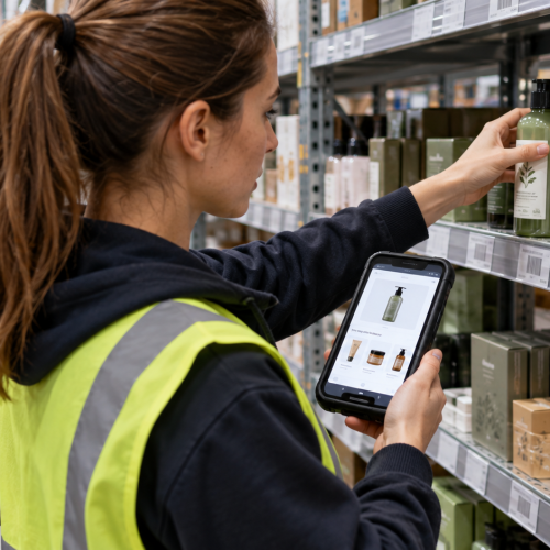 Warehouse worker using personalised product recommendations to match real inventory